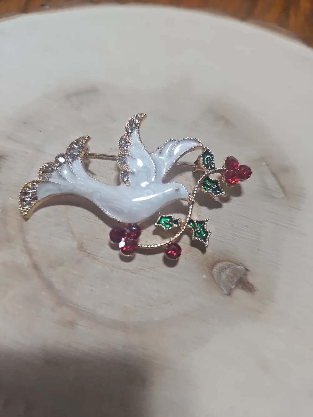 White Dove Brooch with Red & Green Accents - Brand: